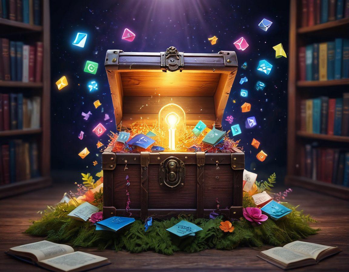 A whimsical, mystical key unlocking a glowing treasure chest filled with vibrant social media icons, surrounded by a library of colorful books symbolizing content, with a quill and parchment depicting blog management tips. The background features an inviting digital landscape with engagement metrics floating in the air. super-realistic. vibrant colors. 3D.