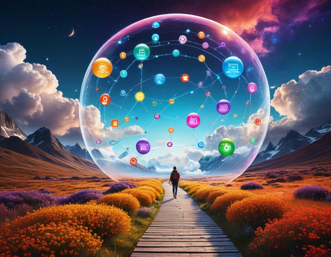 A vibrant digital landscape filled with interconnected blogs represented as colorful bubbles, with a person confidently navigating through them on a floating path. Various icons symbolizing tips and tricks (like lightbulbs, compasses, and books) can be seen in the background. The sky is bright with digital clouds and arrows pointing in different directions, symbolizing guidance. The overall tone is inspirational and dynamic. super-realistic. vibrant colors. 3D.