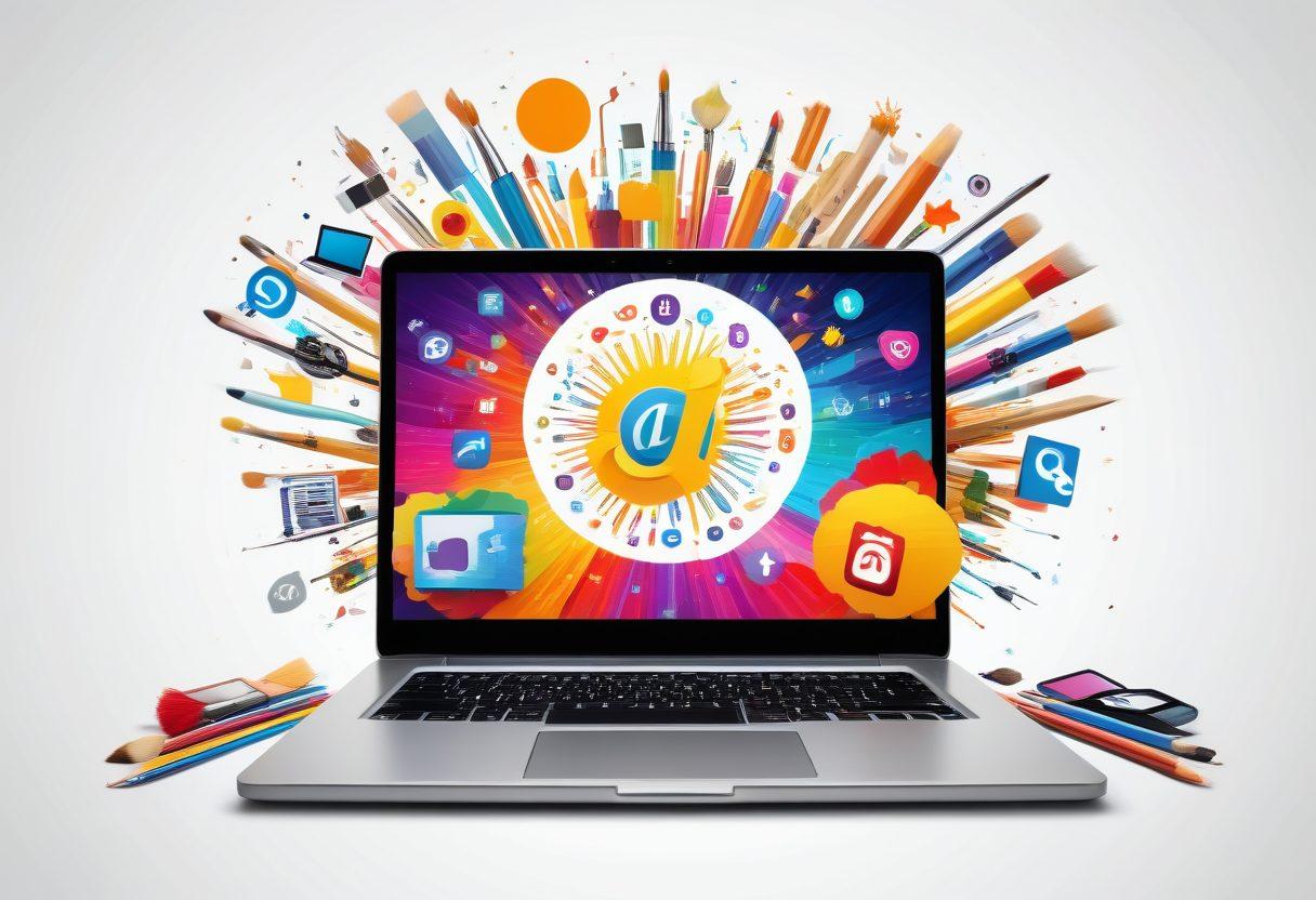 A vibrant digital collage featuring an open laptop with colorful social media icons emanating from the screen, surrounded by creative tools like a notepad, camera, and paintbrushes. In the background, a sunburst of engaging blog posts and visuals radiates outward, symbolizing reach and engagement. The overall atmosphere should exude inspiration and excitement for content sharing. vibrant colors. modern vector art. clean white background.